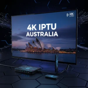 4K IPTV Australia streaming demonstration showing ultra-high-definition live TV on a large screen with modern IPTV device and NBN connection