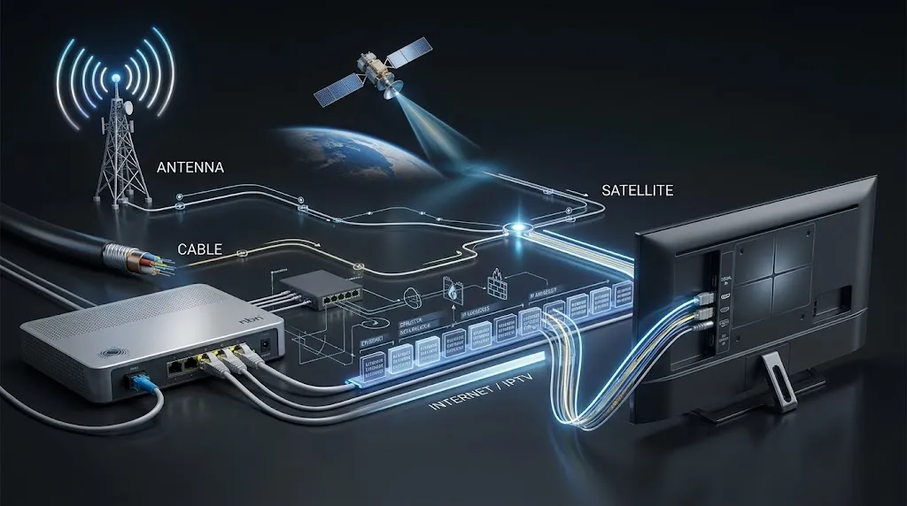 Technical comparison of IPTV internet delivery with antenna satellite and cable television
