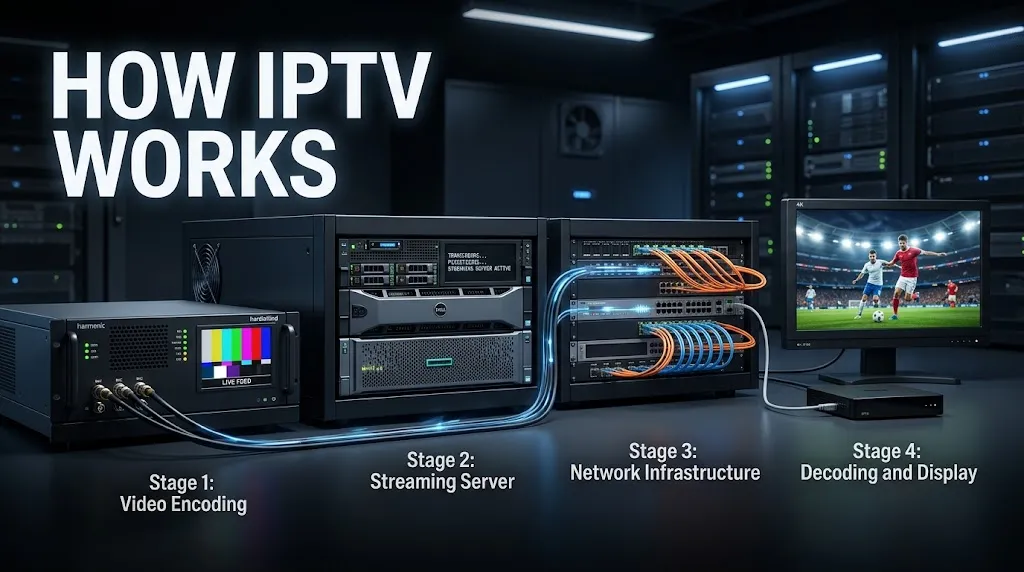 How IPTV works through four stages from encoding and server delivery to decoding on screen