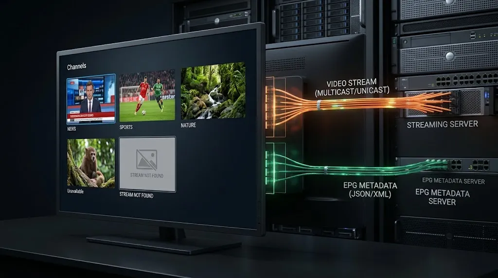 IPTV EPG data separate from the live channel stream and single channel failure