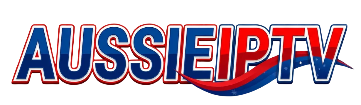 AUSSIE IPTV logo with Australian flag colors - blue, red, and white text with Southern Cross stars