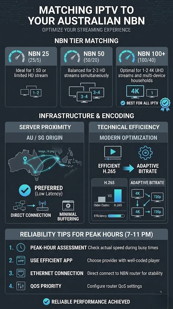 Vertical infographic showing the best IPTV services for Australian NBN connections, highlighting NBN 25, NBN 50, and NBN 100 tiers with server proximity, H.265 encoding, and adaptive bitrate for smooth streaming.