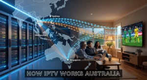 How IPTV works Australia: technical diagram showing data streaming from servers through CDN to Australian viewer devices over NBN and 5G connections