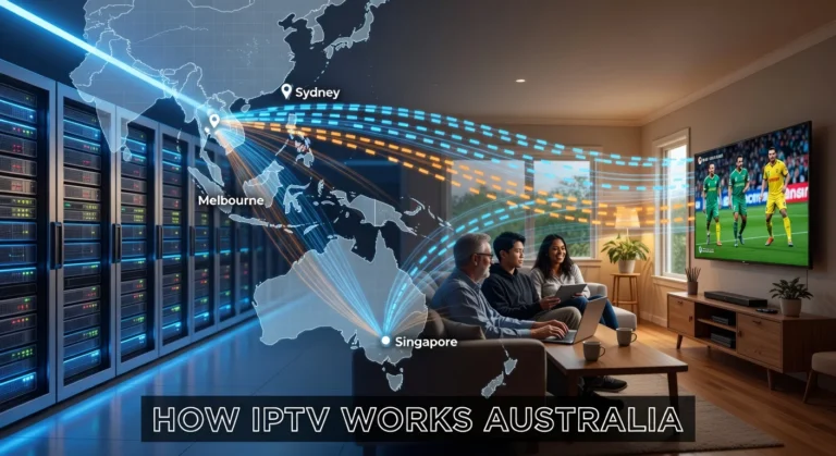 How IPTV works Australia: technical diagram showing data streaming from servers through CDN to Australian viewer devices over NBN and 5G connections