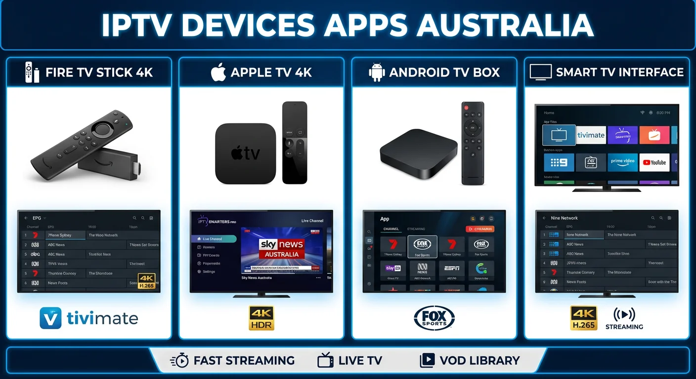 iptv devices apps australia comparison showing Fire TV Stick Apple TV, Android box and IPTV app interfaces