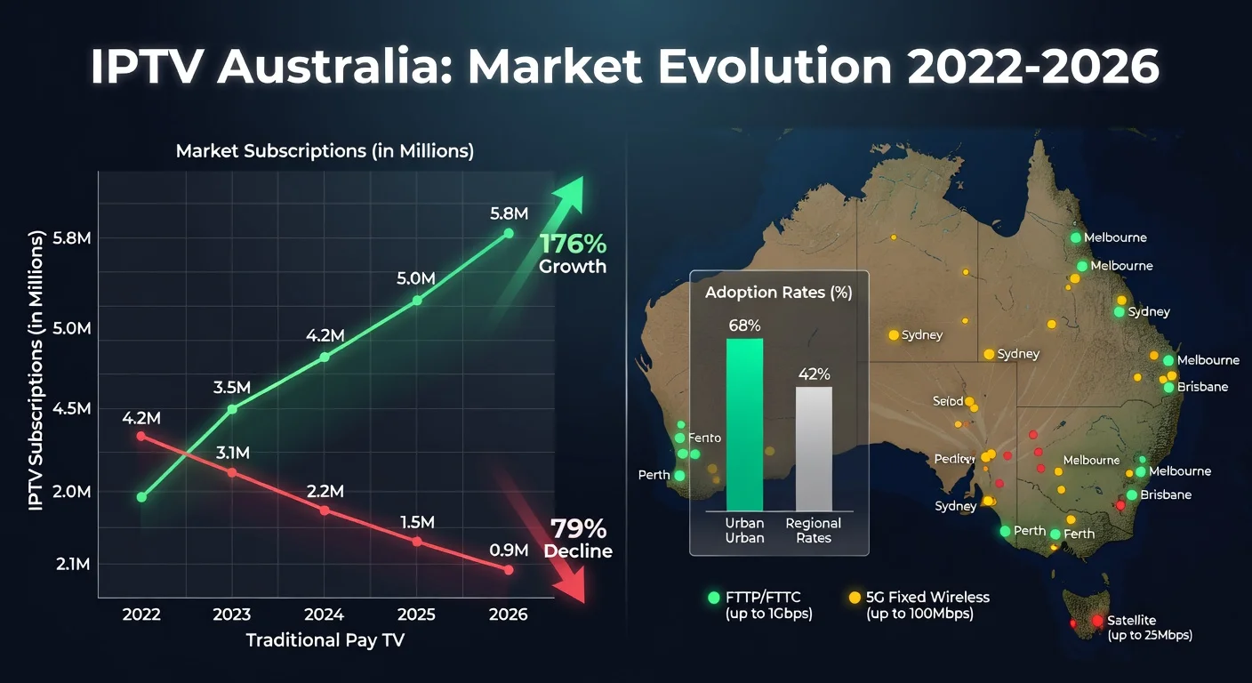 IPTV Australia market growth chart showing adoption trends from 2022 to 2026, highlighting NBN rollout and decline of traditional pay TV subscriptions