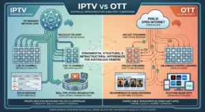 IPTV vs OTT Australia diagram showing managed IPTV live TV broadcast with EPG versus OTT on-demand streaming over open internet