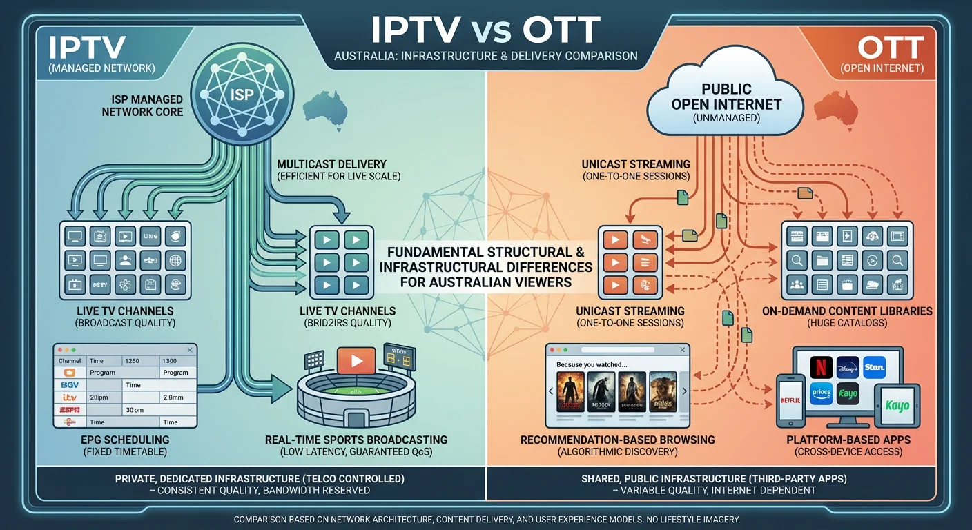 IPTV vs OTT Australia diagram showing managed IPTV live TV broadcast with EPG versus OTT on-demand streaming over open internet
