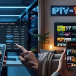 IPTV vs streaming services Australia: split-screen showing IPTV live channel interface with EPG versus Netflix on-demand content library on an Australian smart TV