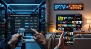 IPTV vs streaming services Australia: split-screen showing IPTV live channel interface with EPG versus Netflix on-demand content library on an Australian smart TV