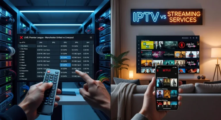 IPTV vs streaming services Australia: split-screen showing IPTV live channel interface with EPG versus Netflix on-demand content library on an Australian smart TV