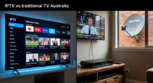 IPTV vs traditional TV Australia: split-screen comparison showing IPTV interface with EPG and live channels versus Foxtel satellite setup in an Australian living room