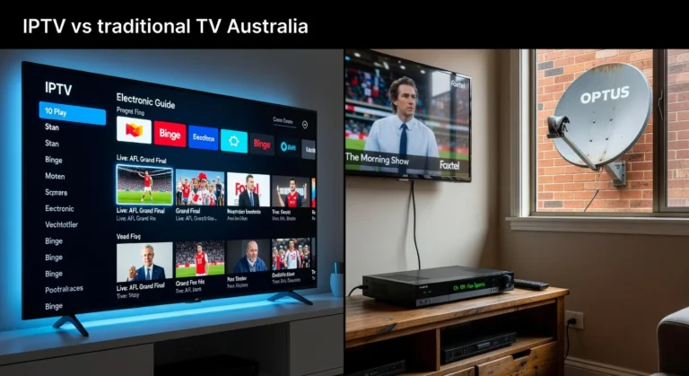 IPTV vs traditional TV Australia: split-screen comparison showing IPTV interface with EPG and live channels versus Foxtel satellite setup in an Australian living room