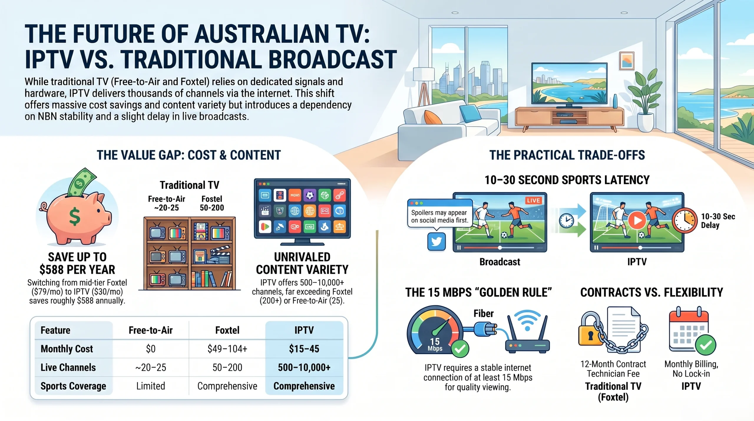 Infographic comparing IPTV and traditional TV in Australia, highlighting differences in pricing, channel variety, sports latency, internet requirements, and viewing flexibility.