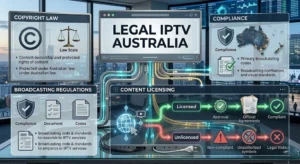 Legal IPTV Australia compliance diagram showing licensed vs unlicensed IPTV services under Australian copyright and ACMA regulations