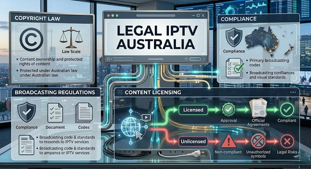 Legal IPTV Australia compliance diagram showing licensed vs unlicensed IPTV services under Australian copyright and ACMA regulations