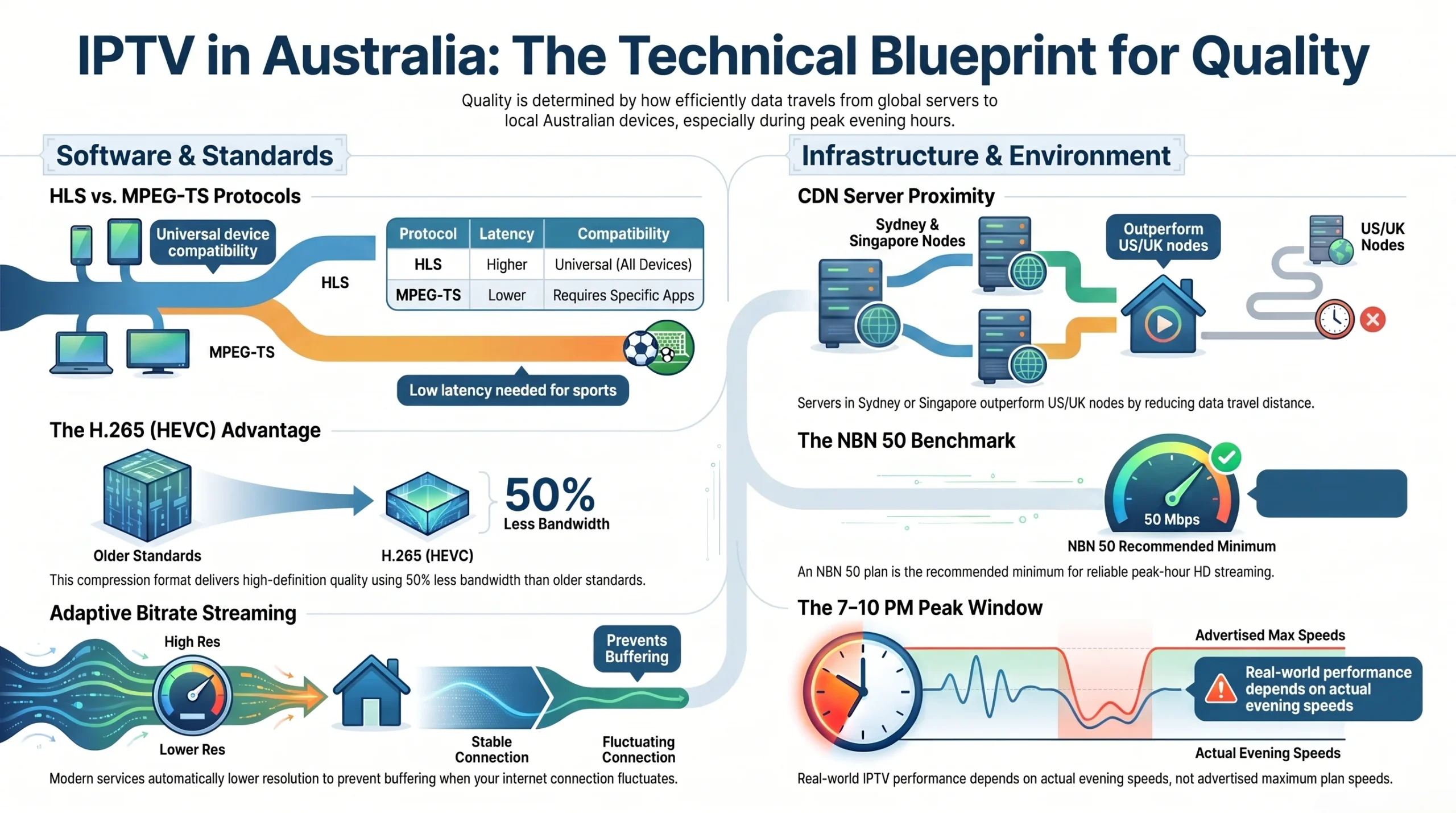Infographic explaining how IPTV works in Australia, including HLS vs MPEG-TS, CDN server proximity, H.265 compression, adaptive bitrate streaming, and NBN performance.
