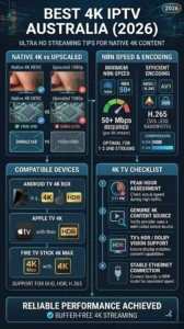 Vertical infographic for Pinterest showing the best 4K IPTV Australia 2026 with the bold text 'Best 4K IPTV Australia', highlighting genuine 4K vs upscaled content, NBN 50+ speed requirements, H.265 encoding, 4K-capable devices, and a checklist for ultra HD streaming.
