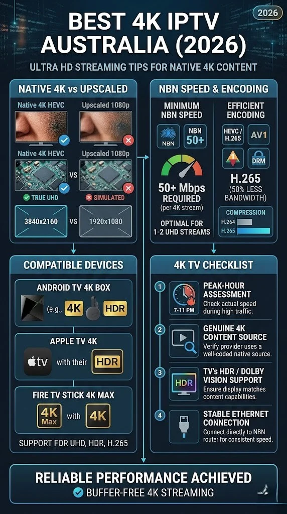 Vertical infographic for Pinterest showing the best 4K IPTV Australia 2026 with the bold text 'Best 4K IPTV Australia', highlighting genuine 4K vs upscaled content, NBN 50+ speed requirements, H.265 encoding, 4K-capable devices, and a checklist for ultra HD streaming.
