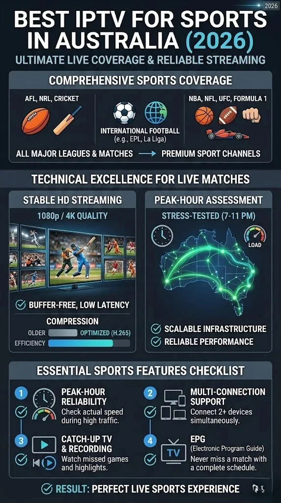 The vertical infographic for Pinterest showcases the top IPTV for sports in Australia for the year 2026. The bold keyword text 'Best IPTV for Sports in Australia' highlights AFL, NRL, cricket, international coverage, stable HD streaming, peak-hour reliability, and the essential sports channels checklist.