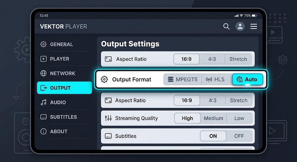 IPTV app interface showing Stream Type output settings option