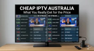Cheap IPTV Australia comparison image showing budget IPTV quality differences on streaming devices