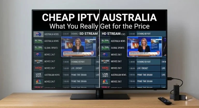 Cheap IPTV Australia comparison image showing budget IPTV quality differences on streaming devices