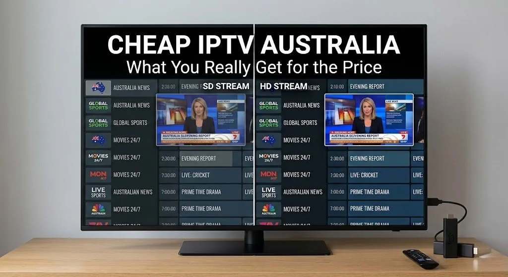 Cheap IPTV Australia comparison image showing budget IPTV quality differences on streaming devices