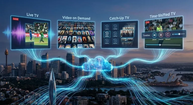 Visual comparison of the four main IPTV types in Australia: Live TV, Video on Demand, Catch-Up TV, and Time-Shifted TV.