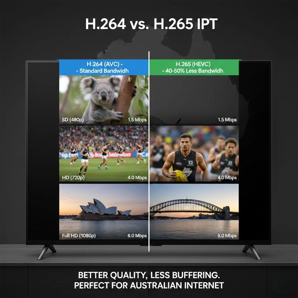 H.264 vs. H.265 IPTV: side-by-side comparison showing visual quality difference and bandwidth usage for SD, HD, and Full HD streams