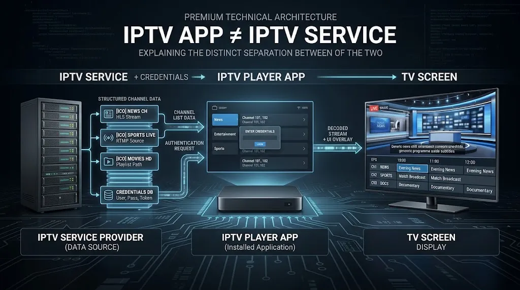 Technical diagram showing the difference between an IPTV player app and an IPTV service