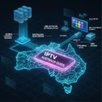 The IPTV Australia Guide features a technical infographic map that illustrates the NBN infrastructure, global servers, and the delivery of digital streaming to Australian devices.