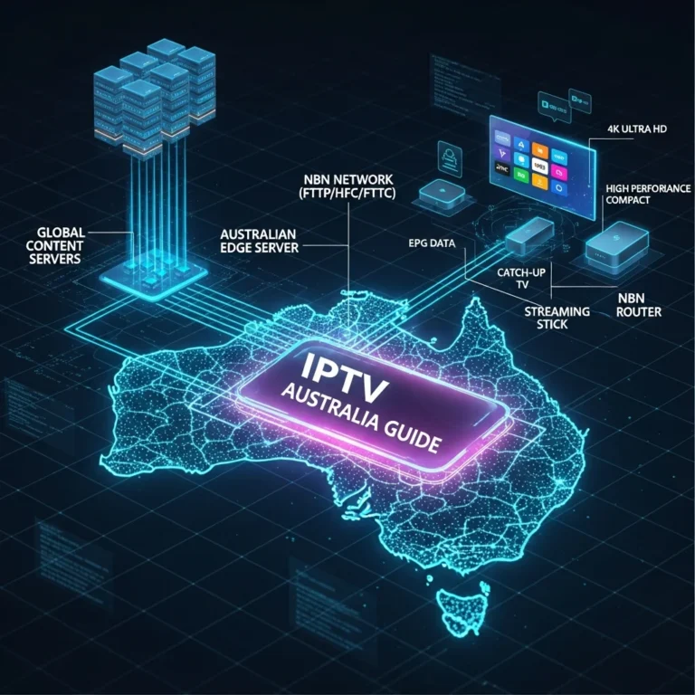 The IPTV Australia Guide features a technical infographic map that illustrates the NBN infrastructure, global servers, and the delivery of digital streaming to Australian devices.