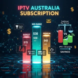 Technical infographic comparing IPTV Australia subscription plans, pricing tiers (Budget, Mid-Range, and Premium), and feature inclusions like 4K, EPG, and sports stability.