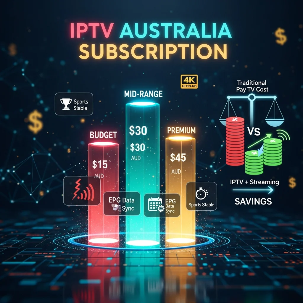 Technical infographic comparing IPTV Australia subscription plans, pricing tiers (Budget, Mid-Range, and Premium), and feature inclusions like 4K, EPG, and sports stability.