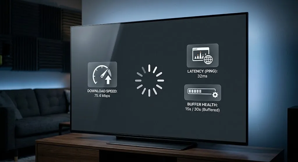 Streaming player buffering screen with network and player settings icons