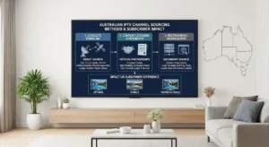 How IPTV providers source channels: diagram showing satellite downlink, licensing, and restreaming methods with quality indicators