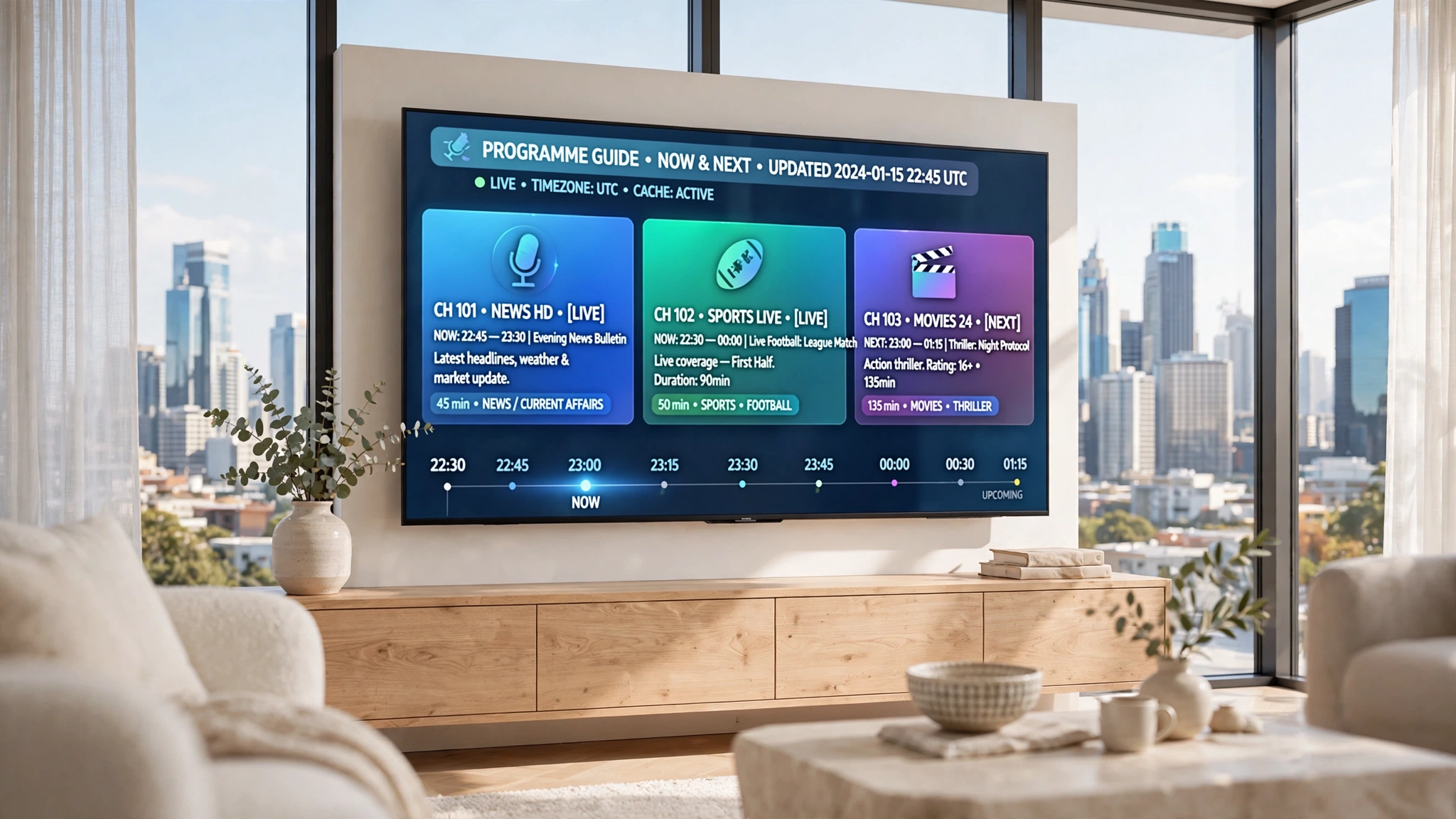 IPTV EPG explained on a premium Smart TV showing a modern electronic programme guide