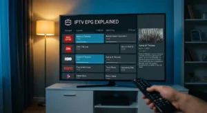IPTV EPG Explained: digital TV screen showing an electronic programme guide with channels and schedules