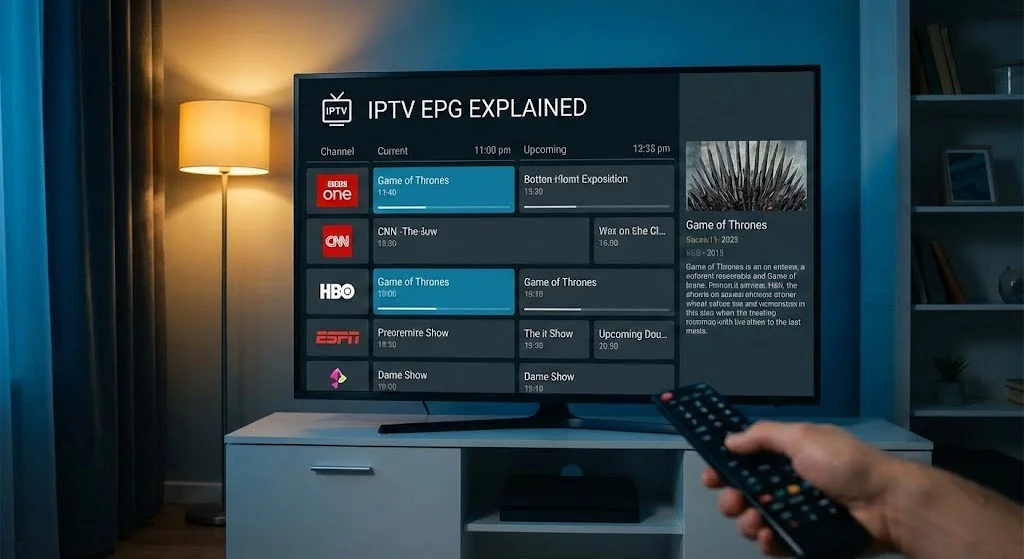 IPTV EPG Explained: digital TV screen showing an electronic programme guide with channels and schedules