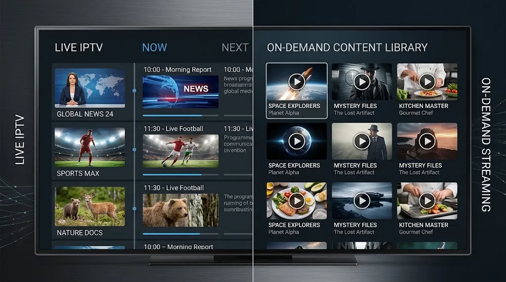 Technical comparison showing IPTV live television channels versus on-demand streaming platforms