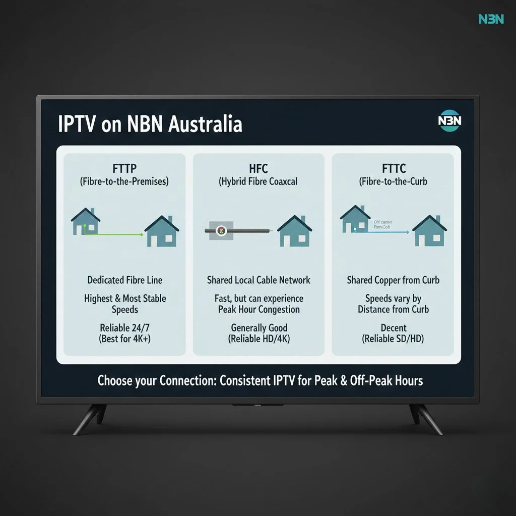 iptv nbn australia: diagram showing FTTP, HFC, and FTTC NBN connection types delivering IPTV streams to Australian households
