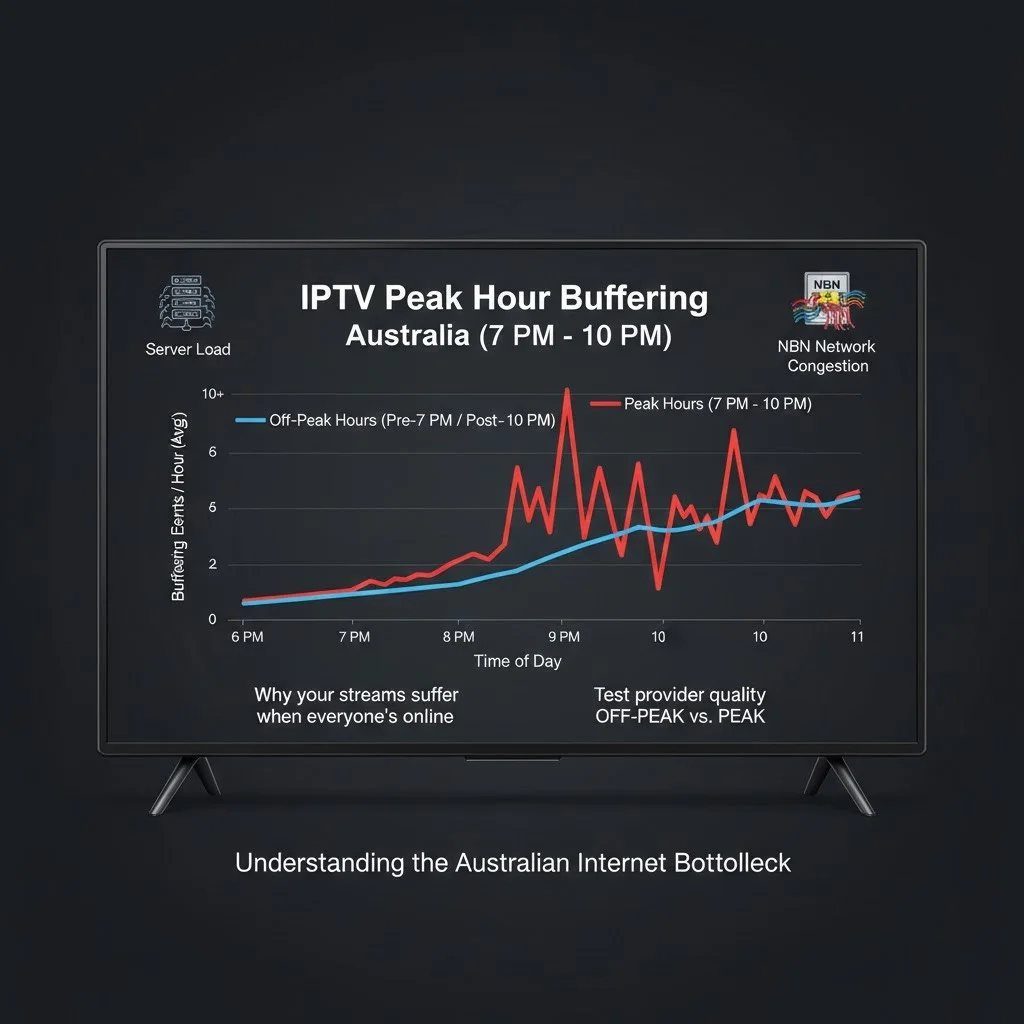 iptv peak hour buffering: graph showing increased buffer events on IPTV streams during 7-10 PM Australian peak hours compared to off-peak