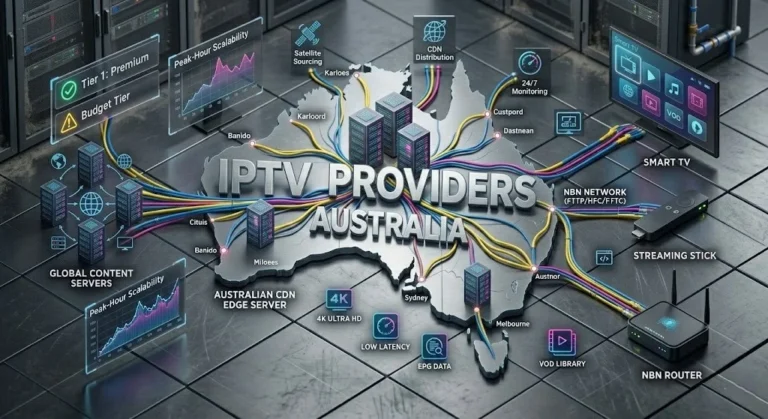 A technical infographic of IPTV providers Australia showing server infrastructure tiers, CDN nodes, and data sourcing for reliable streaming.
