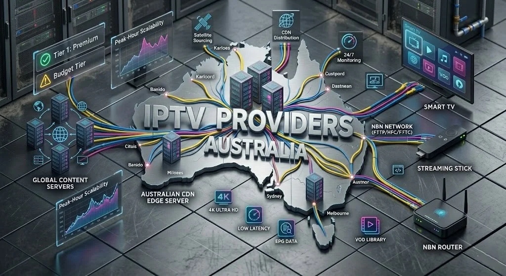 A technical infographic of IPTV providers Australia showing server infrastructure tiers, CDN nodes, and data sourcing for reliable streaming.