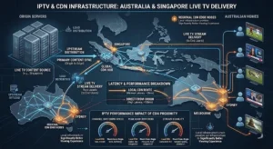 Network map illustrating IPTV servers and CDN infrastructure in Australia showing stream delivery from origin servers to Sydney Melbourne and Singapore edge nodes