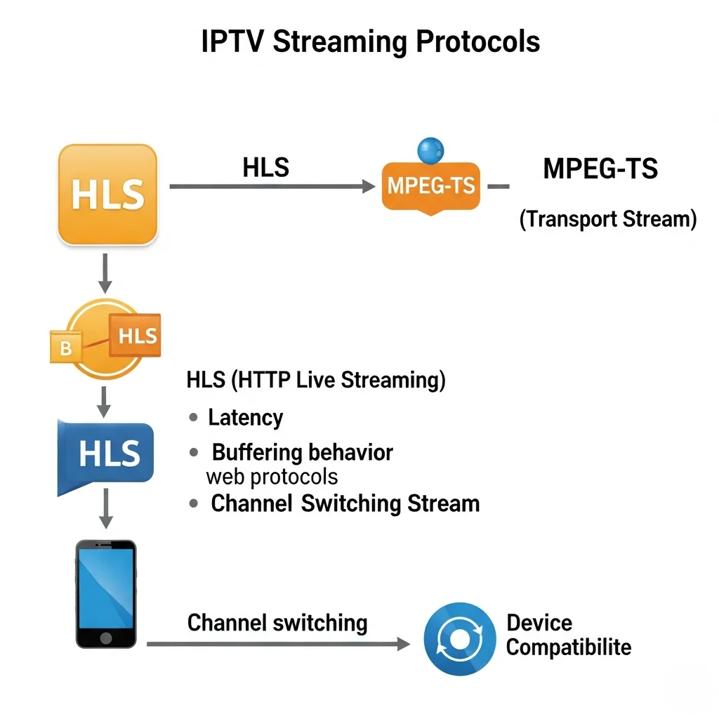 Technical diagram comparing IPTV streaming protocols HLS vs MPEG-TS showing latency channel switching speed and data delivery flow