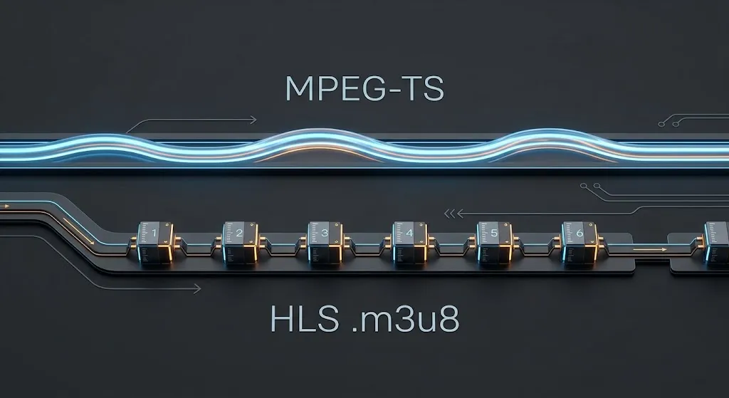 Diagram showing continuous transport stream versus playlist segment retrieval