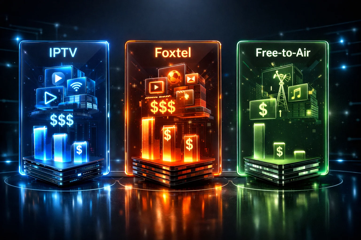 Monthly cost comparison between IPTV, Foxtel and free-to-air television in Australia.