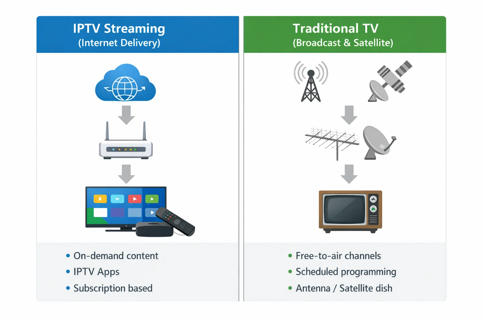 Diagram comparing IPTV internet delivery with traditional TV broadcast and satellite delivery in Australia.